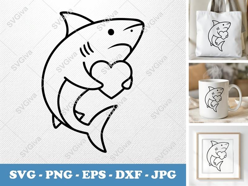 Shark Holding Heart SVG | Love Shark PNG EPS DXF | Valentine's Day Cut File | Cricut Silhouette Design