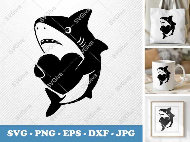 Shark Holding Heart SVG | Puffy Soft Shapes | Inflated Look | PNG DXF EPS for Cricut Silhouette