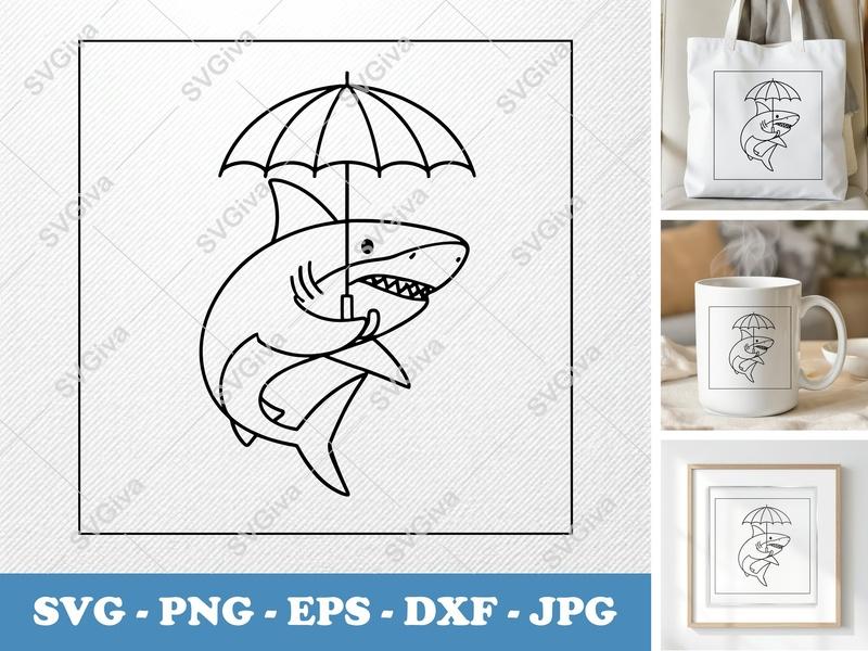 Shark Holding Umbrella SVG | Double-Outline Minimalist Cut File | Thick Contour, Clean Space | PNG DXF EPS for Cricut Silhouette