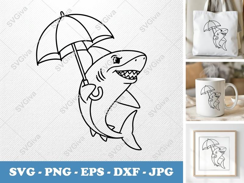 Shark Holding Umbrella SVG | Minimalist Line Art | Bold Contour | PNG DXF EPS | Cricut Silhouette Cut File