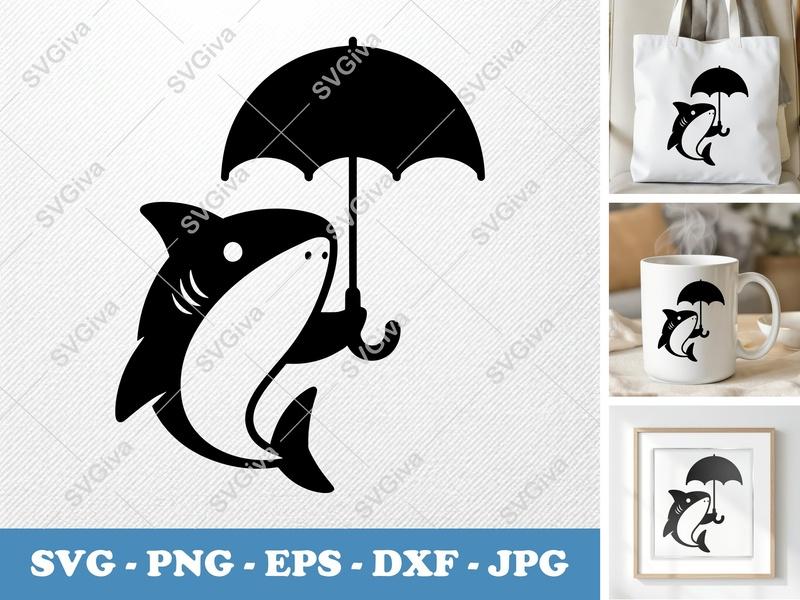 Shark Holding Umbrella SVG | Puffy Cartoon Shapes | PNG DXF EPS | Cricut Silhouette | Cute Ocean Animal
