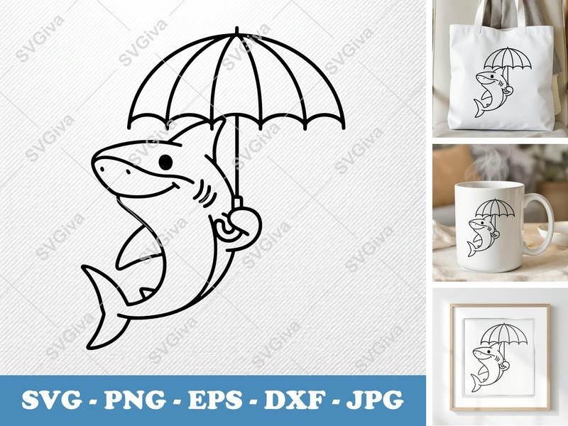 Shark holding umbrella SVG | Rounded Friendly Bean-Shaped Design | PNG DXF EPS | Cricut Silhouette