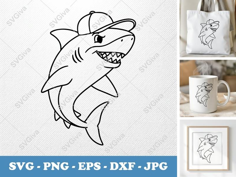 Shark in a Cap SVG | Bold Contour Minimalist Cut File | PNG DXF EPS | Cricut Silhouette Design
