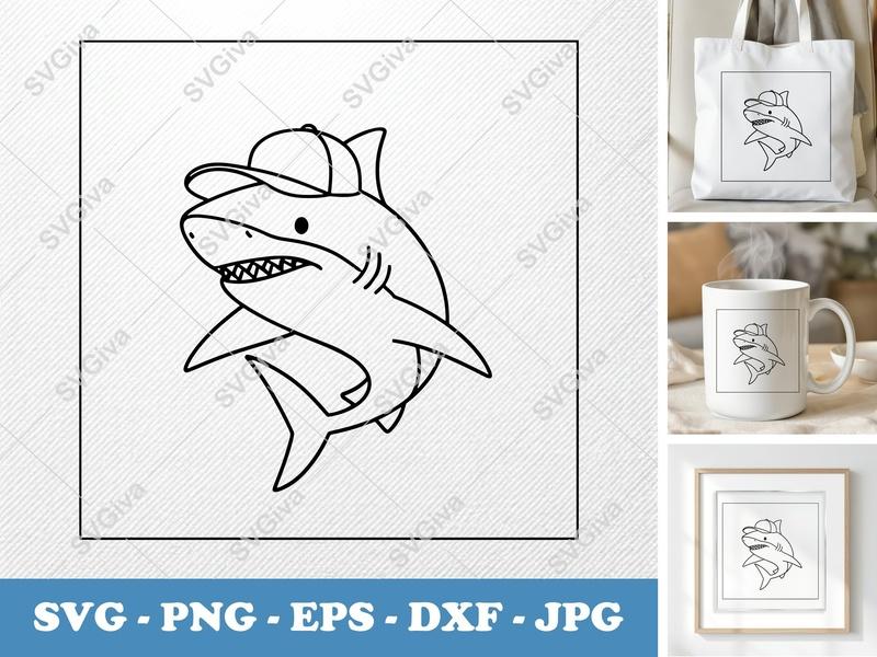 Shark in a Cap SVG | Double-Outline Minimalist Design | Thick Contour, Clean Space | PNG DXF EPS | Cricut Silhouette File