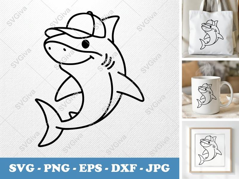 Shark in a Cap SVG | Friendly Rounded Body Bean-Shaped Cut File | PNG DXF EPS | Cricut Silhouette Vector