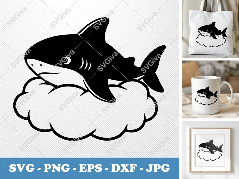 Shark on Cloud SVG | Modern Clean Design | PNG EPS DXF | Cricut Silhouette Cut File