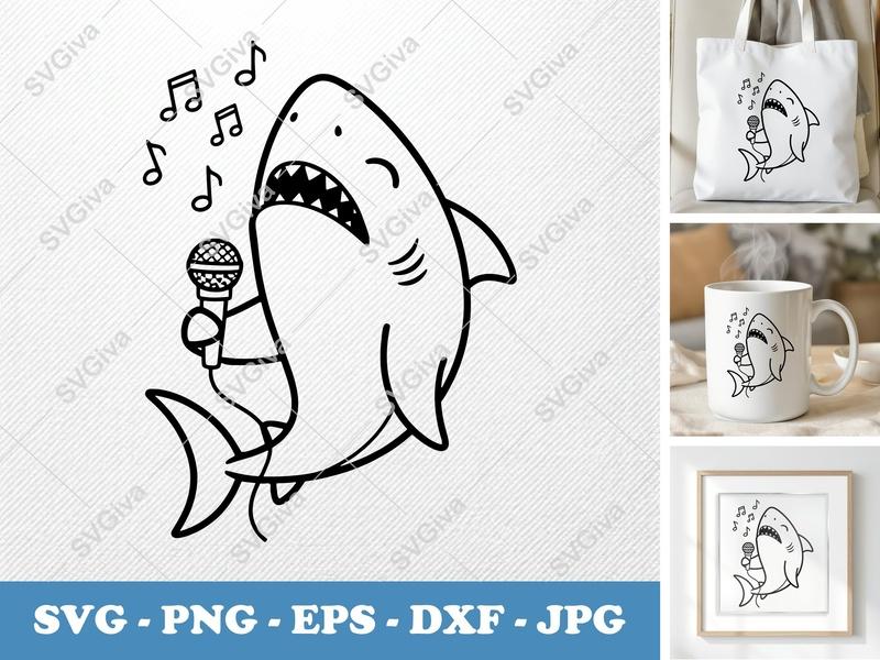 Shark Singing SVG | Cartoon Outline Art | Thick & Thin Lines | PNG DXF EPS | Cricut Silhouette File