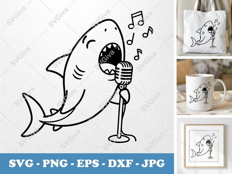 Shark Singing SVG | Outline Cartoon Design | Thick Contour, Thin Lines | PNG DXF EPS | Cricut Silhouette File