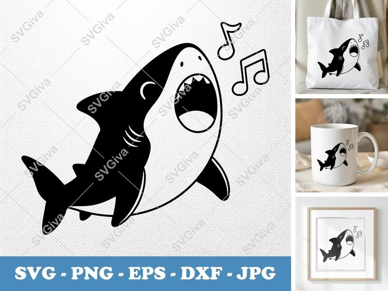 Shark Singing SVG, PNG, EPS, DXF | Cute Music Notes Cut File for Cricut & Silhouette | Modern Ocean Sea Animal Design