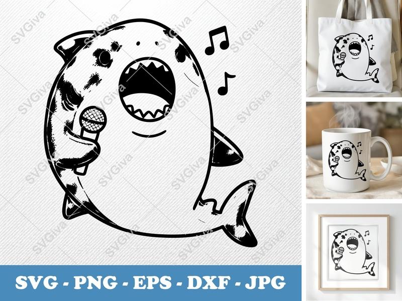 Shark Singing SVG | Puffy Cartoon Cut File for Cricut, Silhouette | PNG EPS DXF Vector