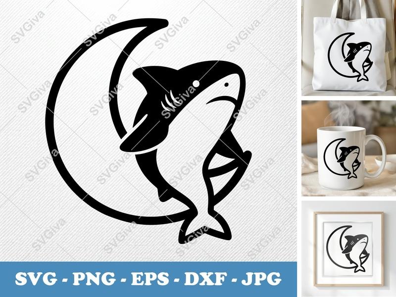 Shark Sitting on Moon SVG | Puffy Pillow-Soft Forms | PNG DXF EPS | Cricut Silhouette File