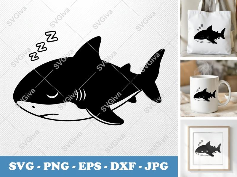 Shark Sleeping SVG | Cute Baby Shark PNG EPS DXF | Cartoon Shark Cut File for Cricut Silhouette | Nursery Decor