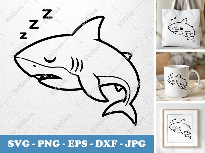 Shark Sleeping SVG | Cute Cartoon Sleepy Shark PNG EPS DXF | Cricut Silhouette File | Baby Shark Ocean Animal Clipart