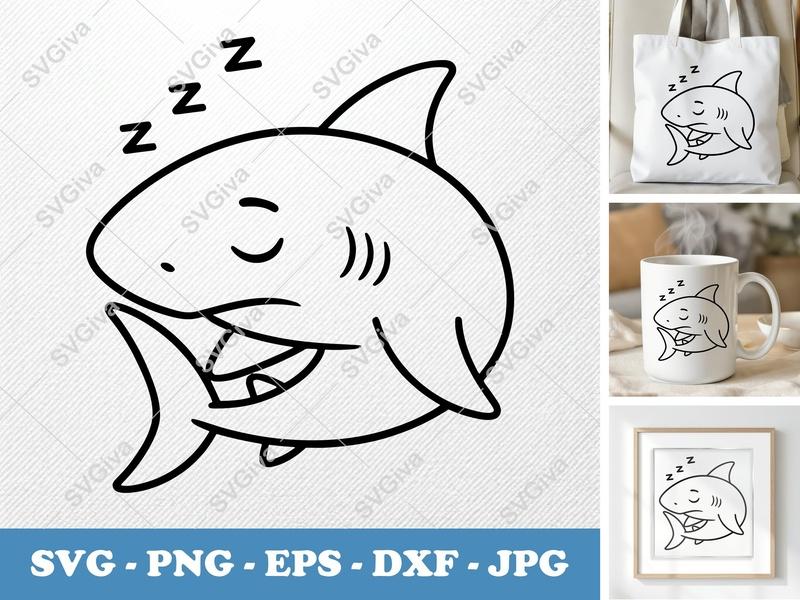 Shark Sleeping SVG, Double-Outline Art, Thick & Thin Lines, Minimalist Design, PNG DXF EPS, Cricut Silhouette Cut File