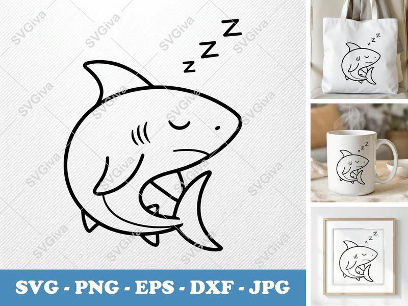 Shark Sleeping SVG | Double-Outline Simple Vector | PNG DXF EPS | Cricut Silhouette File