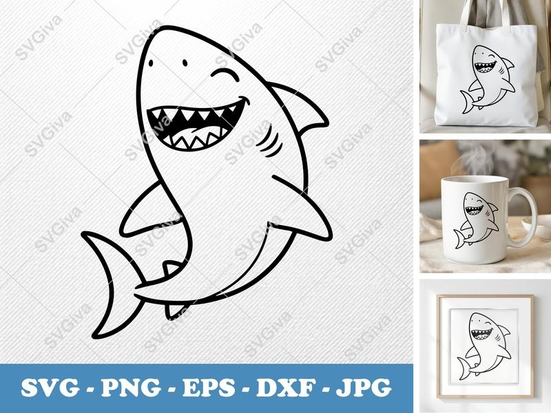 Shark Smiling Happily SVG | Double-Outline Cartoon Minimalist Design | PNG DXF EPS | Cricut Silhouette File