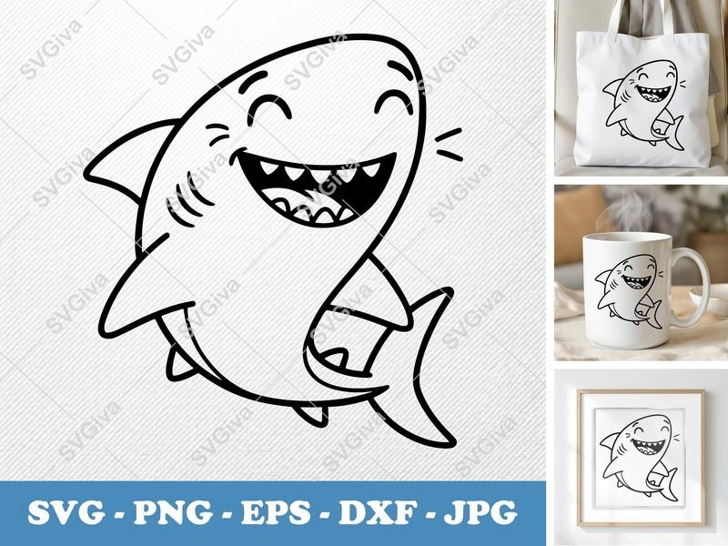Shark Smiling Happily SVG | Outline Cartoon Shark | Minimalist Basic Shapes | PNG DXF EPS | Cricut Silhouette Cut File