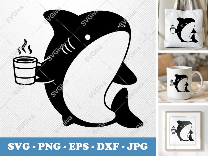 Shark SVG | Coffee Cup Cute Modern Design | PNG EPS DXF files for Cricut & Silhouette | Ocean Animal Vector Art