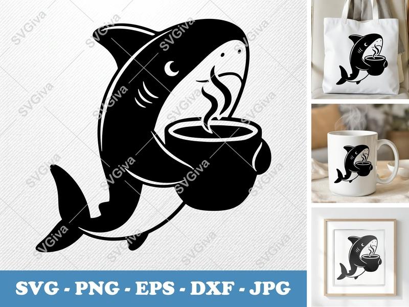 Shark SVG Coffee Cup | Modern Humorous Ocean Animal Cut File | PNG EPS DXF for Cricut, Silhouette