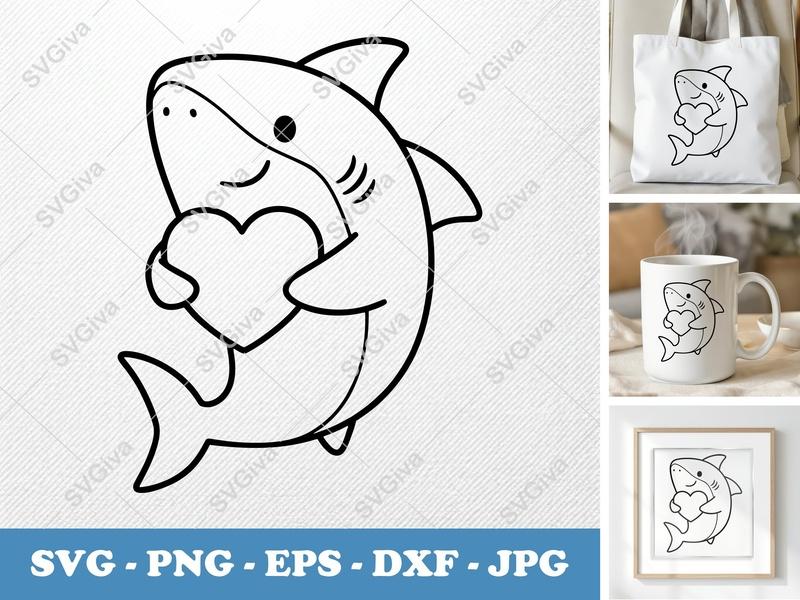 Shark SVG | Cute Cartoon Shark with Heart | Love Ocean Animal PNG EPS DXF for Cricut Silhouette