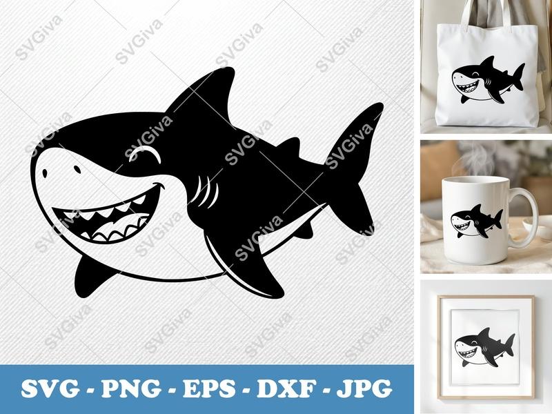 Shark SVG | Cute Cartoon Smiling Shark Cut File | PNG EPS DXF for Cricut & Silhouette | Baby Shark Design