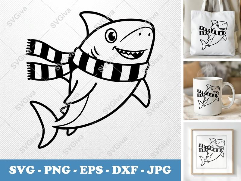 Shark SVG | Cute Cartoon Smiling Shark with Scarf Design | PNG EPS DXF | Cricut Silhouette Cut File for Crafts