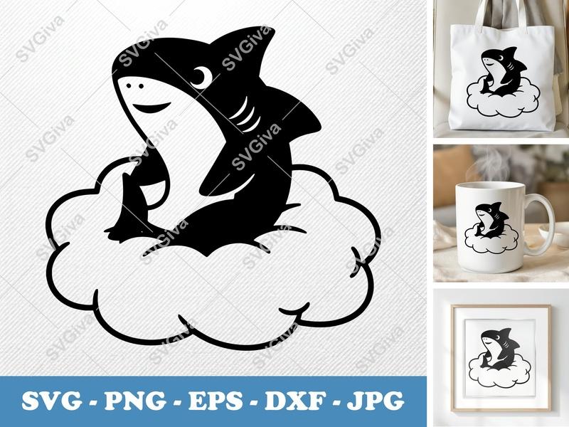Shark SVG | Cute Shark on Cloud PNG EPS DXF | Baby Shark Cut File for Cricut Silhouette | Cartoon Animal Vector Clipart