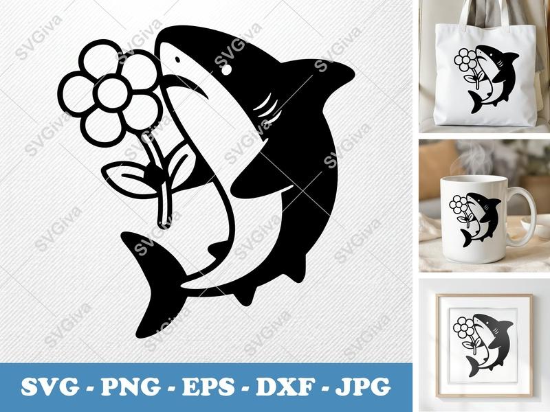 Shark SVG | Cute Shark with Flower | Modern Animal Cut File for Cricut, Silhouette | PNG EPS DXF Vector Clipart