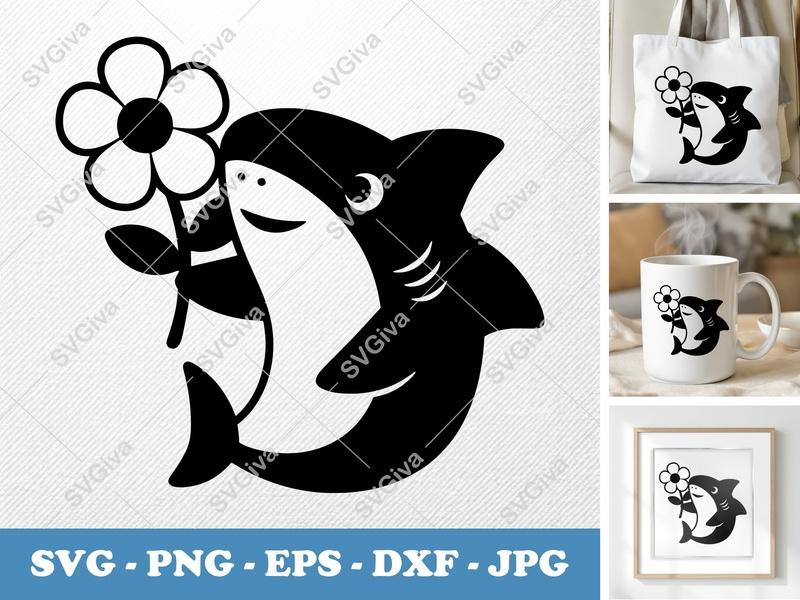 Shark SVG | Cute Shark with Flower PNG EPS DXF | Modern Cartoon Animal Cut File for Cricut & Silhouette