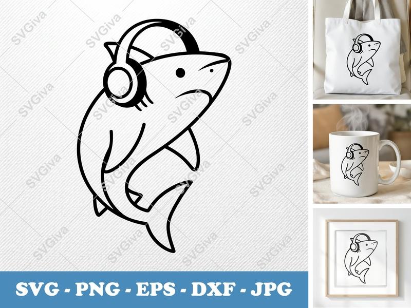Shark SVG, Modern Cartoon Headphone Shark Cut File, PNG EPS DXF | Cricut & Silhouette Vinyl Decal, Apparel Design