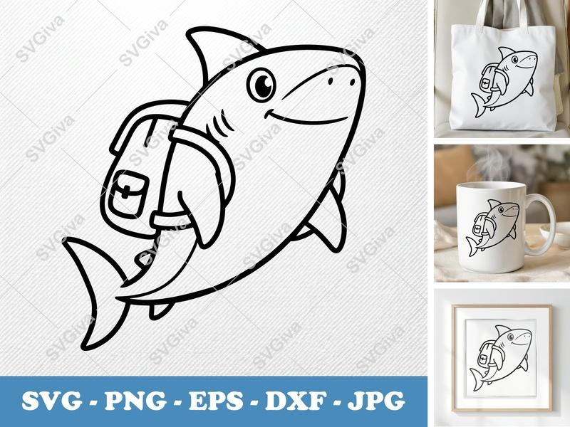 Shark SVG | Modern Cartoon Shark with Backpack | PNG EPS DXF Cut File for Cricut, Silhouette, Kids Crafts
