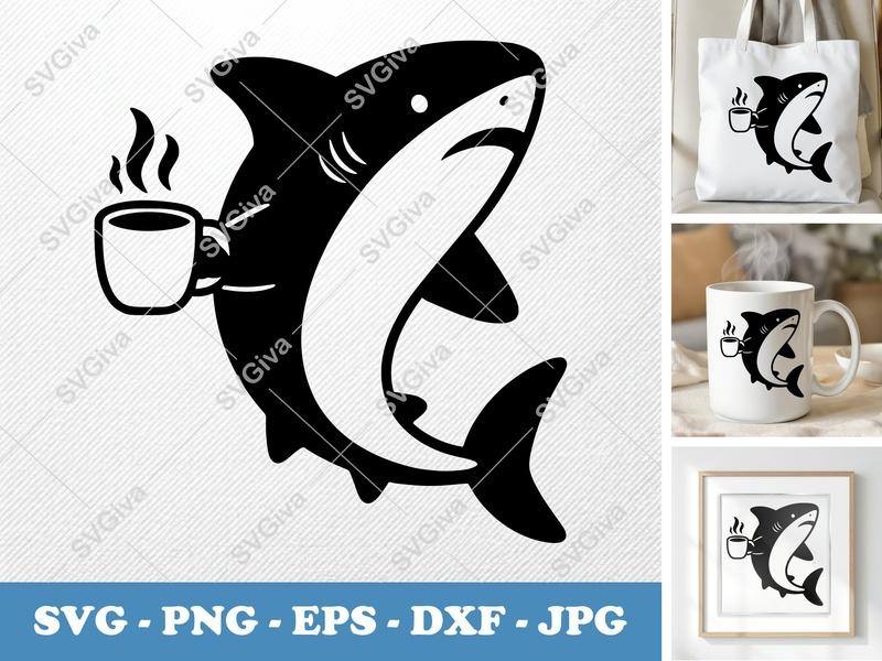 Shark SVG | Modern Clean Coffee Mug Design | PNG EPS DXF | Cricut Silhouette Cut File | Funny Ocean Animal