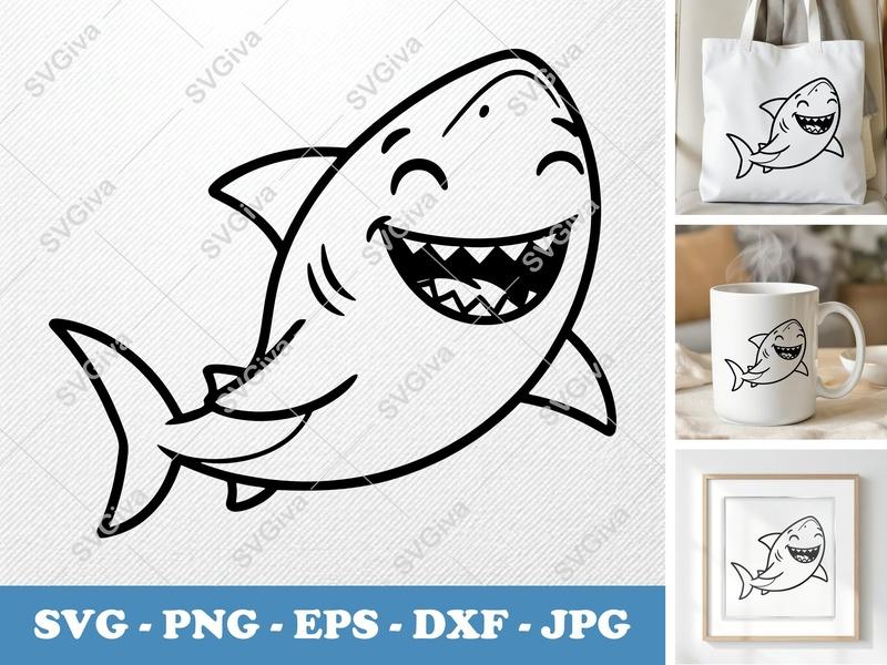 Shark SVG smiling, happy cartoon shark, cute fish character | PNG EPS DXF for Cricut, Silhouette, Kids Craft
