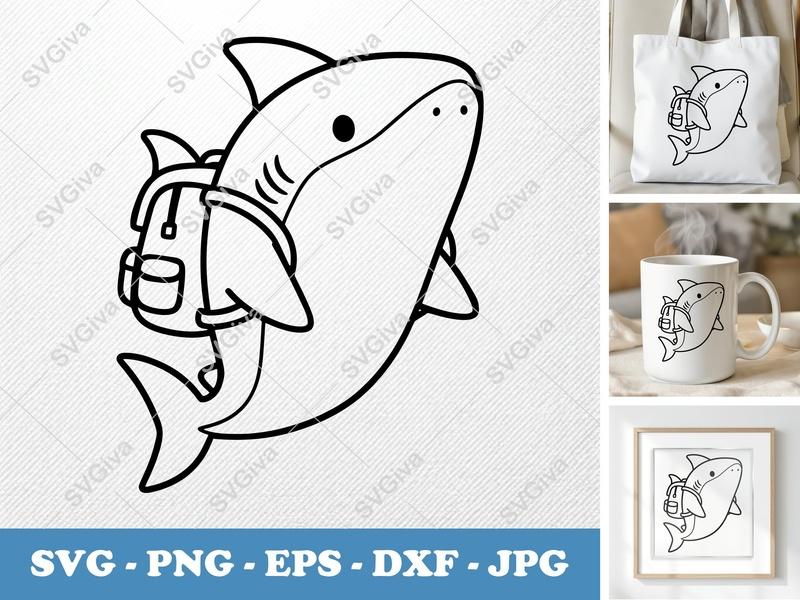 Shark wearing backpack SVG | Cute Cartoon Rounded Friendly Bean Shaped | PNG DXF EPS | Cricut Silhouette File