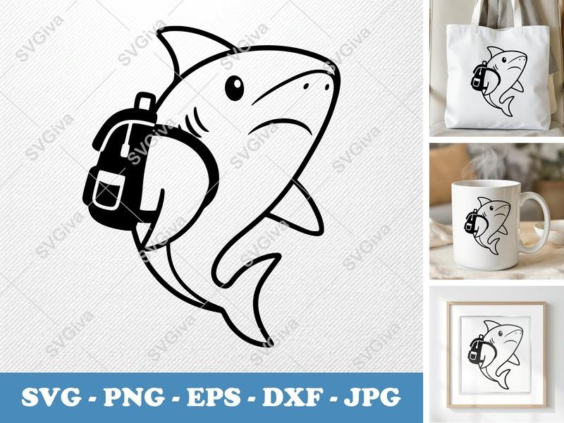 Shark wearing Backpack SVG | Simple Character Design Cut File | Bold Contour PNG DXF EPS | Cricut Silhouette Ready