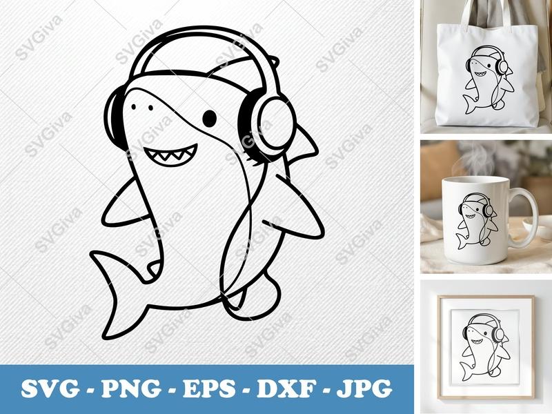 Shark Wearing Headphones SVG | Friendly Bean-Shaped Cut File | PNG DXF EPS | Cricut Silhouette
