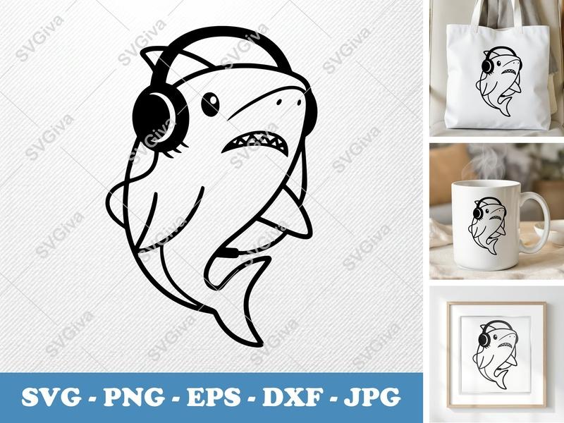 Shark wearing headphones SVG | Minimalist Cartoon | Bold Line Art | PNG DXF EPS | Cricut Silhouette Cut File