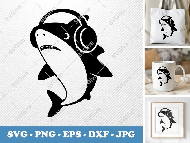 Shark Wearing Headphones SVG | Puffy Cartoon Style Cut File | Inflated Pillow-Soft Design | PNG DXF EPS | Cricut Silhouette Ready