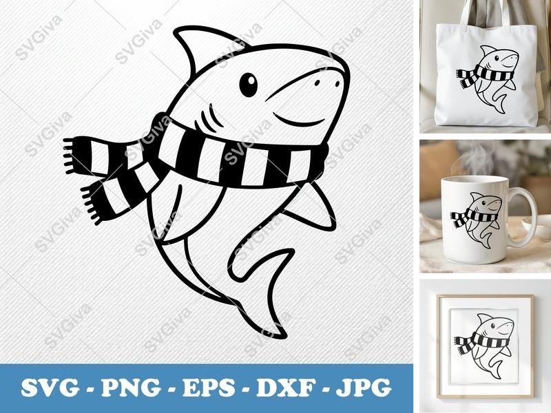 Shark Wearing Scarf SVG | Minimalist Cartoon Cut File | SVG PNG DXF EPS | Cricut Silhouette | Winter Ocean Animal