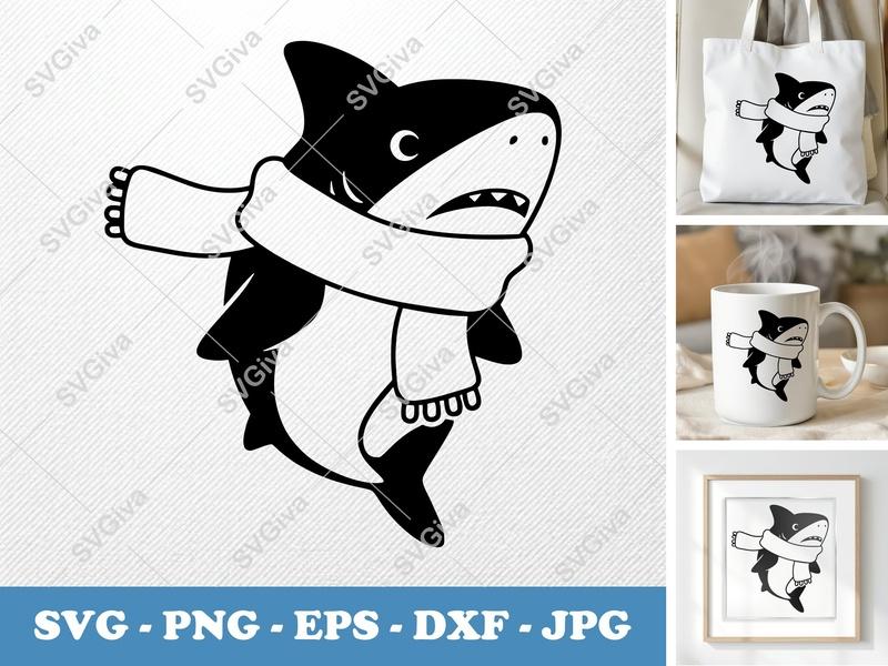 Shark Wearing Scarf SVG | Puffy Cartoon Style Cut File | PNG DXF EPS | Cricut Silhouette Machine