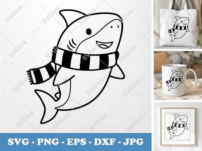 Shark Wearing Scarf SVG, Rounded Bean-Shaped Cut File | Friendly Cartoon Shark PNG DXF EPS for Cricut Silhouette