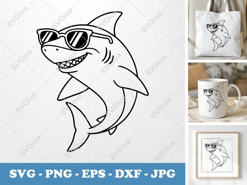 Shark wearing sunglasses SVG | Bold Contour Minimalist Cut File | PNG DXF EPS | Cricut Silhouette | Ocean Animal