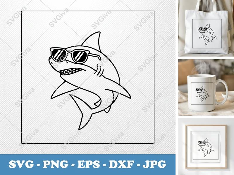 Shark Wearing Sunglasses SVG | Double-Outline Modern Design | PNG DXF EPS | Cricut Silhouette Cut File