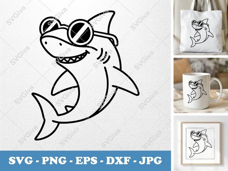 Shark wearing sunglasses SVG | Friendly Rounded Cartoon Cut File | PNG DXF EPS for Cricut Silhouette