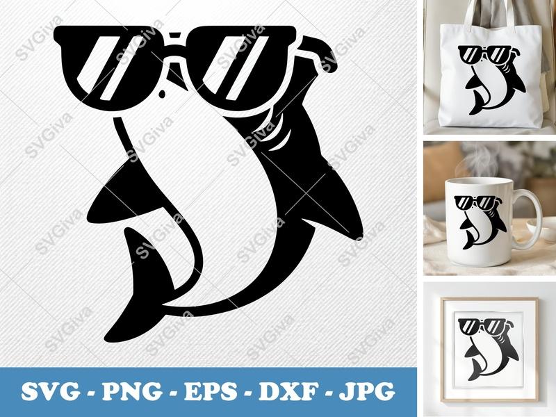 Shark wearing sunglasses SVG, Puffy Inflated Smooth Shapes | PNG DXF EPS | Cricut Silhouette Cut File