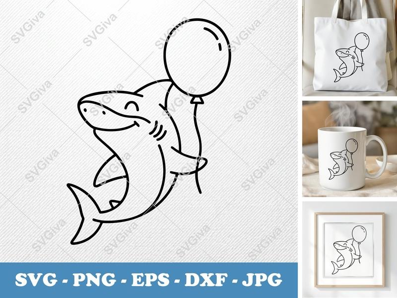 Shark with Balloon SVG | Friendly Bean-Shaped Rounded Body Cut File | PNG DXF EPS for Cricut Silhouette