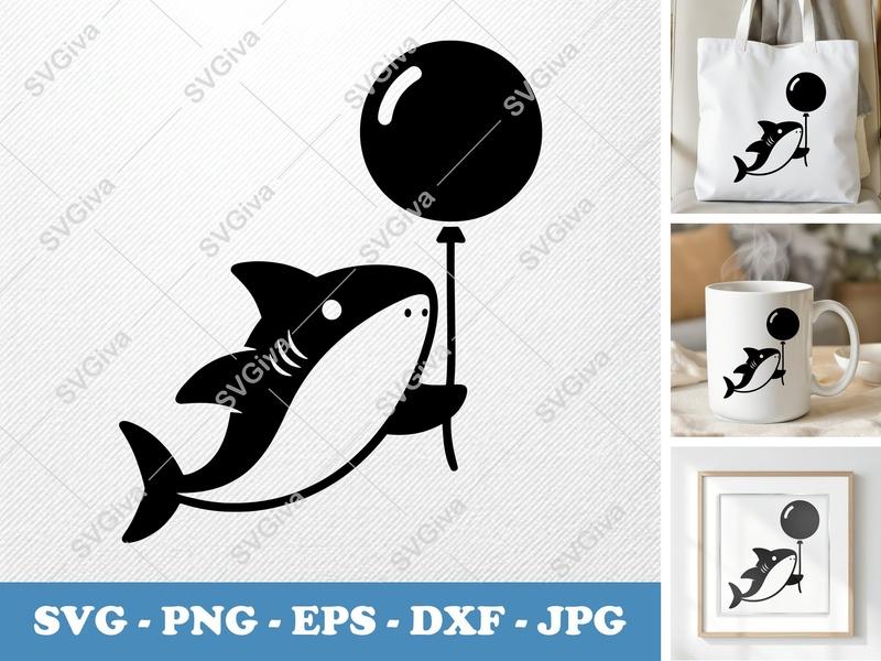 Shark with Balloon SVG | Puffy Inflated Shapes | PNG DXF EPS | Cricut Silhouette File