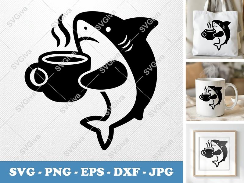 Shark with Coffee Cup SVG | Inflated Puffy Shapes | PNG DXF EPS | Cricut Silhouette Cut File