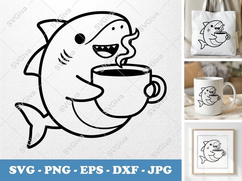 Shark with Coffee Cup SVG PNG DXF EPS | Ocean Animal Cut File for Cricut Silhouette | Coffee Lover Decal