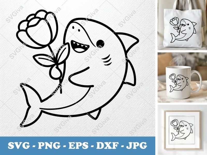 Shark with Flower SVG | Cute Shark Cut File PNG DXF EPS Cricut Silhouette Design
